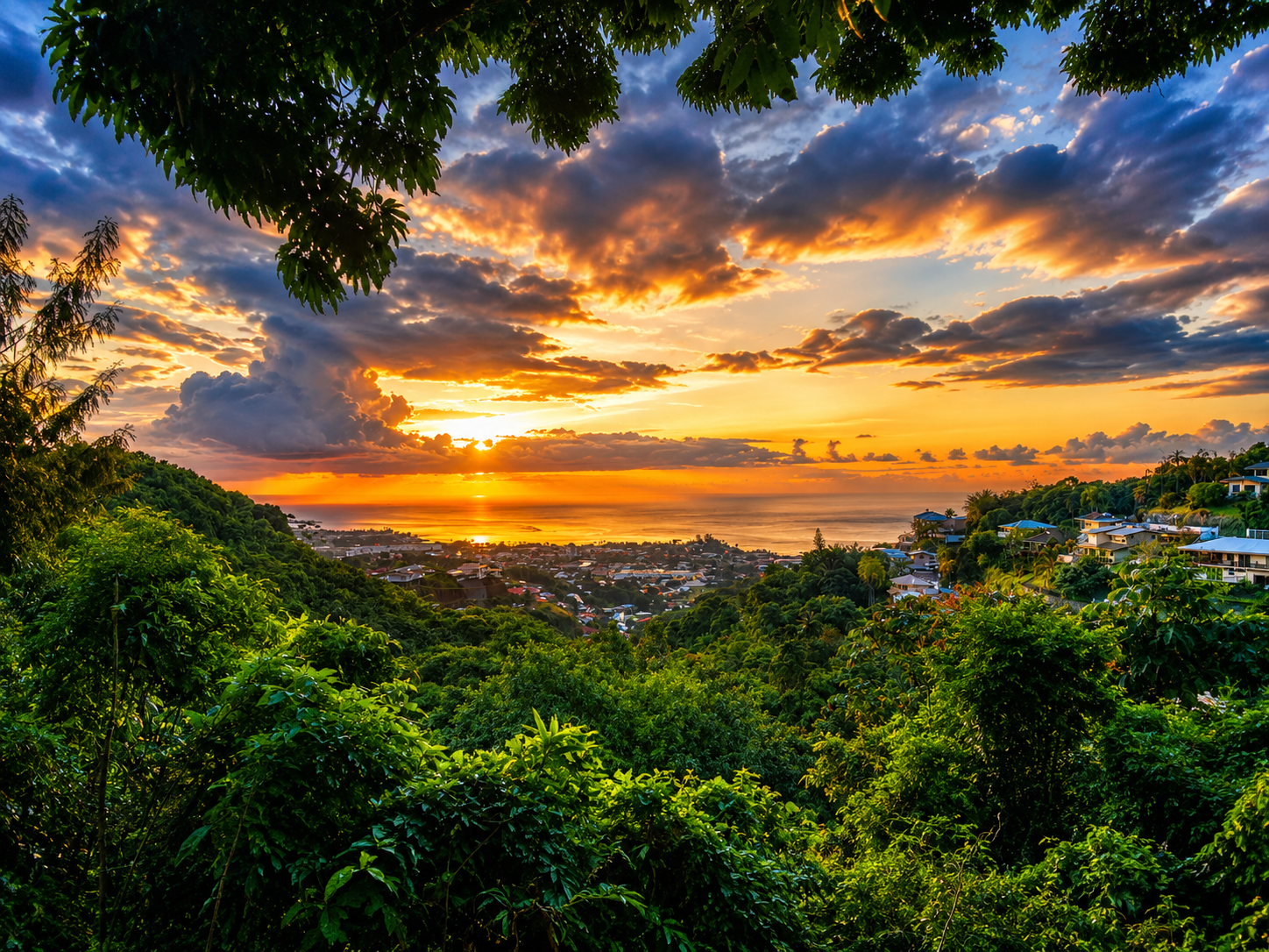 Vue panoramique sur Tahiti depuis les hauteurs d'Erima au coucher du soleil